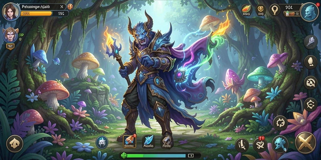 Screenshot gameplay 99SL menunjukkan karakter menjelajahi dunia yang fantastis.