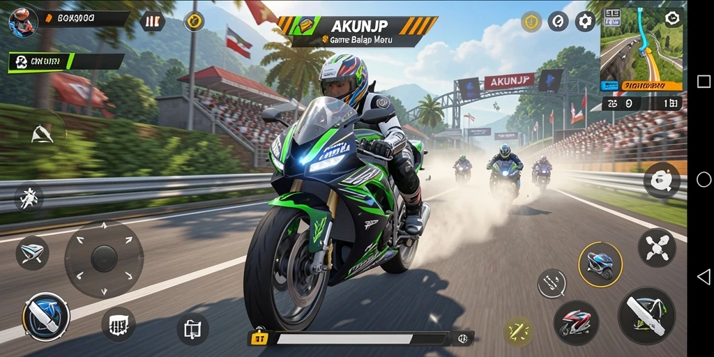Tangkapan layar gameplay AKUNJP dengan aksi balap motor yang seru.