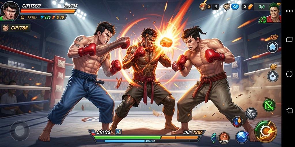 Gameplay Fighting yang mendebarkan dengan karakter unik dan arena menarik.