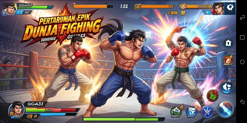 Gameplay GIGA33 yang menegangkan dengan karakter pertarung yang beragam.