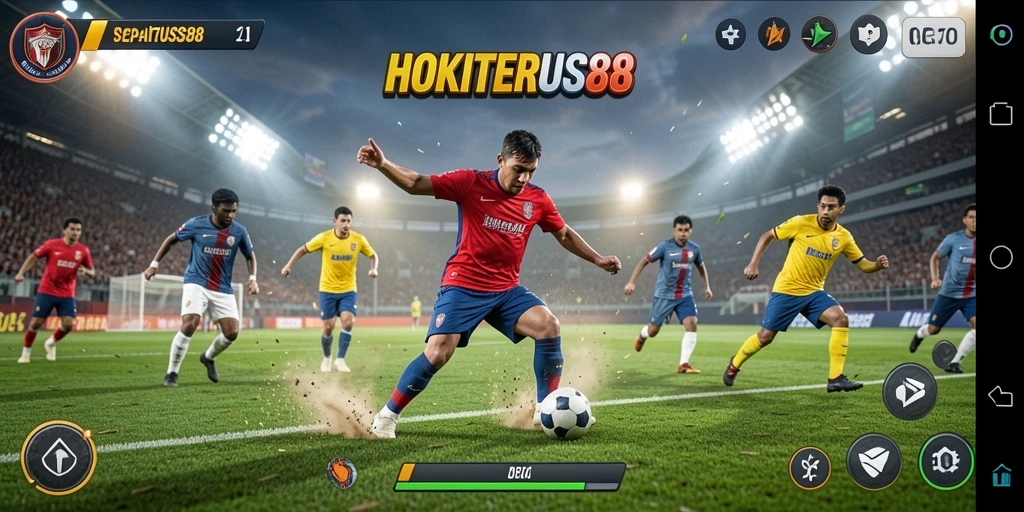 Screenshot HOKITERUS88 dengan aksi permainan sepak bola yang seru.