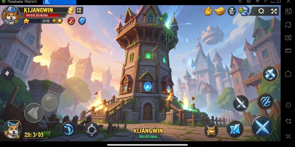 Tampilan gameplay menawan dari KIJANGWIN menunjukkan menara pertahanan di medan perang.