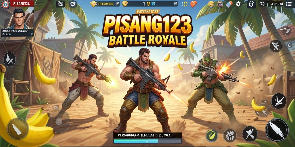 Screenshot utama PISANG123 menunjukkan aksi bertempur dalam mode Battle Royale.