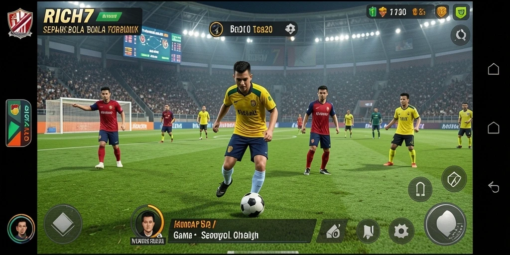 Tampilan screenshot utama RICH7 menunjukkan aksi seru di lapangan sepak bola.