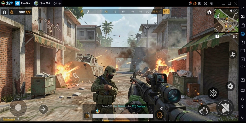 Screenshot gameplay SOV777 yang menunjukkan pertempuran seru di dunia TPS.